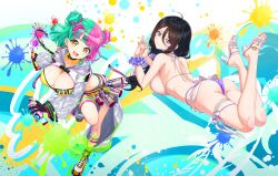  2girls :3 ahoge apron bikini black_hair blush bob_cut breasts can cleavage closed_mouth cropped_jacket dangle_earrings diagonal_bangs dolphin_wave double_bun earrings flower_ornament green_hair hair_bun hair_ornament hair_ribbon hairclip heart heart_hair_ornament helly_lewis high_heels highres jewelry large_breasts long_hair looking_at_viewer looking_back lying multicolored_background multicolored_hair multiple_girls non-web_source official_art on_stomach ootomo_takuji open_mouth paint_in_hair pink_hair purple_bikini purple_eyes ribbon ring scrunchie shoes sideboob smile sneakers split-color_hair spray_paint suminoe_shion swimsuit thigh_strap two-tone_hair wedding_ring white_apron white_bikini wig wrist_scrunchie yellow_bikini yellow_eyes  rating:Sensitive score:10 user:danbooru