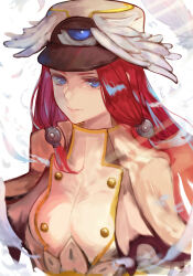  1girl blazblue blue_eyes breasts closed_mouth feathered_wings feathers hair_tubes hat highres levvellevvel long_hair looking_at_viewer medium_breasts pants red_hair solo third_eye tsubaki_yayoi upper_body weapon winged_hat wings 
