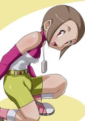  00s 1girl bare_shoulders belt boots breasts brown_eyes brown_hair cameltoe covered_erect_nipples digimon digimon_adventure_02 elbow_gloves female_focus gloves halterneck high_collar highres hinokawa_jun jewelry kneeling necklace open_mouth shoes short_hair shorts small_breasts socks solo white_background yagami_hikari  rating:Questionable score:51 user:DJGO