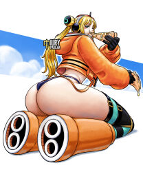  1girl ass blonde_hair blue_sky curvy eating food foreshortening hand_on_own_hip holding holding_food huge_ass iury_padilha jacket kneeling looking_at_viewer looking_back low_angle navel one_piece pizza pizza_slice revealing_clothes shiny_skin skindentation sky solo standing stomach tall_female thong twintails vegapunk_york wide_hips 