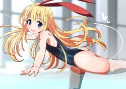  1girl amae_koromo ass athletic_leotard balancing black_leotard blonde_hair blue_eyes bow from_side hair_bow highres leaning_forward leg_up legs leotard loli long_hair looking_at_viewer open_mouth outstretched_arms ribbon saki saki_(manga) saki_achiga-hen smile solo standing standing_on_one_leg thighhighs thighs thong_leotard white_thighhighs xiao_rui_rui 