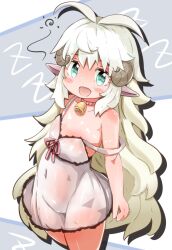  1girl ahoge animal_ears arakawa_bokujou bell blue_eyes blush breasts choker cleft_of_venus dress groin highres horns jingle_bell loli long_hair messy_hair navel neck_bell nipples no_panties off_shoulder open_mouth original pussy see-through sheep_ears sheep_girl sheep_horns short_dress small_breasts smile solo stomach thighs very_long_hair white_dress white_hair 