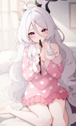  1girl absurdres ahoge barefoot black_horns blue_archive blurry blurry_background collarbone hair_between_eyes highres hina_(blue_archive) hina_(pajamas)_(blue_archive) horns indoors long_hair long_sleeves looking_at_viewer mouth_hold off_shoulder official_alternate_costume pajamas pink_eyes pink_pajamas pink_ribbon poinia polka_dot polka_dot_pajamas ribbon sitting thighs twitter_username very_long_hair white_hair 