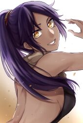  1046sstep_btoh 1girl backless_outfit bleach breasts highres large_breasts long_hair looking_at_viewer ponytail purple_hair shihouin_yoruichi sideboob smile  rating:Sensitive score:13 user:YuukoLover