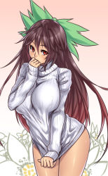  1girl black_hair blush bottomless bow breasts brown_hair covering_own_mouth female_focus hair_bow hand_over_own_mouth houtengeki huge_breasts long_hair looking_at_viewer naked_sweater no_pants red_eyes reiuji_utsuho ribbed_sweater shirt_tug solo sweater thighs touhou very_long_hair  rating:Questionable score:114 user:danbooru