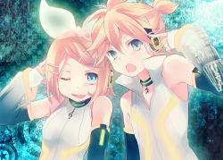  1boy 1girl ;p aqua_eyes bad_id bad_pixiv_id blonde_hair brother_and_sister detached_sleeves hair_ornament hair_ribbon hairclip headphones kagamine_len kagamine_len_(append) kagamine_rin kagamine_rin_(append) one_eye_closed ousaka_nozomi ribbon short_hair siblings smile tongue tongue_out twins vocaloid vocaloid_append wink  rating:Sensitive score:8 user:danbooru