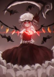  1girl absurdres arm_behind_back bad_id bad_pixiv_id bat_(animal) blonde_hair blurry depth_of_field flandre_scarlet glowing glowing_eyes hat highres light_smile looking_at_viewer mob_cap outstretched_arm red_eyes rotain scythe shirt side_ponytail skirt skirt_set solo touhou wings  rating:Sensitive score:7 user:kiop