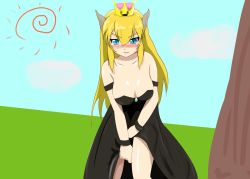  1girl angry bare_shoulders black_dress blonde_hair blue_eyes bowsette bracelet breasts cleavage clenched_teeth cloud crown dress grass highres horns jewelry large_breasts long_hair looking_at_viewer mario_(series) monster_girl new_super_mario_bros._u_deluxe nintendo no_bra outdoors parted_lips sketchy_background sky solo standing strapless sun super_crown tears teeth tree tsurime wkenchanw 