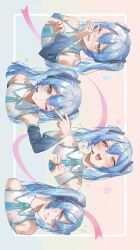  1girl absurdres angry blue_eyes blue_hair blush embarrassed expressions gradient_background hair_ornament hatsune_miku highres kinakomocci518 one_eye_closed sleeveless twintails vocaloid 