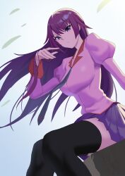 1girl alternate_eye_color bakemonogatari black_thighhighs blue_background blue_necktie breasts closed_mouth commentary dutch_angle enun eyelashes feet_out_of_frame floating_hair hair_between_eyes hand_up highres impossible_clothes juliet_sleeves large_breasts long_hair long_sleeves looking_at_viewer miniskirt monogatari_(series) naoetsu_high_school_uniform necktie outdoors pink_shirt pleated_skirt puffy_sleeves purple_eyes purple_hair purple_skirt school_uniform senjougahara_hitagi shirt sidelocks sitting skirt solo thighhighs thighs very_long_hair zettai_ryouiki 