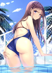 1girl ass bad_id bad_pixiv_id blue_eyes blue_one-piece_swimsuit blue_sky blush brown_hair chain-link_fence closed_mouth cloud cloudy_sky competition_swimsuit day fence from_behind hand_on_own_ass highres kobayashi_chisato light_smile long_hair looking_at_viewer looking_back one-piece_swimsuit original outdoors pool sidelocks sky smile solo swimsuit tareme thighs  rating:Sensitive score:46 user:danbooru