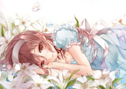  1girl blurry bow breasts brown_eyes brown_hair bug butterfly cleavage depth_of_field field flower flower_field hairband headband insect leaf light long_hair looking_at_viewer lying on_side original ribbon simple_background smile solo tukino_(panna) white_background  rating:Sensitive score:4 user:danbooru