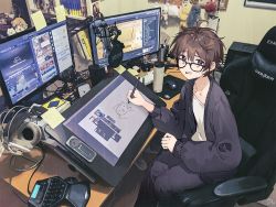 1girl ahoge akg akg_k-series_headphones apex_legends arknights black-framed_eyewear black_jacket brown_hair chair collarbone commentary_request computer drawing_tablet flat_chest gaming_chair glasses granblue_fantasy headphones holding holding_stylus hololive indoors jacket long_sleeves looking_at_viewer messy_hair monitor mouse_(computer) mousepad_(object) multiple_monitors nagu original parted_lips photo_background self-portrait shirakami_fubuki shirt short_hair sitting solo stylus swivel_chair virtual_youtuber white_shirt