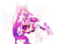  1girl ;d aisha_landar blanket_(kkbjah) boots bow curly_hair elbow_gloves elsword full_body gloves gradient_hair hair_ornament long_hair looking_at_viewer magical_girl metamorphy_(elsword) multicolored_hair one_eye_closed open_mouth pink_hair purple_bow purple_eyes purple_hair sidelocks simple_background smile solo sparkle thigh_boots thighhighs twintails white_background white_footwear white_gloves white_wings wings  rating:Sensitive score:1 user:danbooru