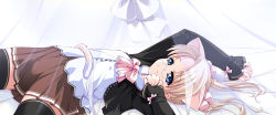 1girl animal_ears blonde_hair blue_eyes bow brown_skirt cat_ears cat_tail clothes eyebrows glasses loli long_hair lying on_back ooji pink_bow skirt solo tail thighhighs twintails rating:Questionable score:7 user:usernam