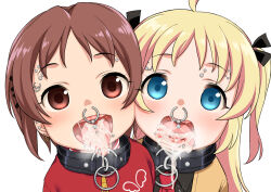  2girls blonde_hair blue_eyes blush brown_eyes brown_hair charlotte_izoard collar cum cum_in_mouth ear_piercing earrings eyebrow_piercing forked_tongue harukaze_unipo jewelry lip_piercing loli long_hair looking_at_viewer missing_tooth mizukoshi_mio multiple_girls nose_piercing nose_ring piercing ryuuou_no_oshigoto! short_hair tongue tongue_out tongue_piercing twintails white_background 