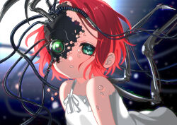  1girl absurdres android artificial_eye bare_shoulders blue_background blurry blurry_background broken_skin cable chromatic_aberration commentary_request damaged dress floating_hair green_eyes half-closed_eye highres honeycomb_(pattern) kinako_marumaru looking_at_viewer mechanical_eye mechanical_parts original parted_lips red_hair short_hair sleeveless sleeveless_dress solo tendril upper_body white_dress 