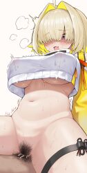  1boy 1girl ahoge blonde_hair blush bottomless breasts colored_inner_hair commentary covered_erect_nipples cowgirl_position crop_top crop_top_overhang cropped_sweater cum cum_in_pussy elegg_(nikke) fang female_pubic_hair girl_on_top goddess_of_victory:_nikke hair_intakes hair_over_eyes hetero highres lactation lactation_through_clothes large_breasts long_sleeves male_pubic_hair multicolored_hair navel open_mouth pubic_hair purple_eyes rank_alee revision sex simple_background skin_fang smile solo_focus stomach straddling sweat sweater thigh_strap thighs two-tone_hair underboob vaginal white_background white_sweater 