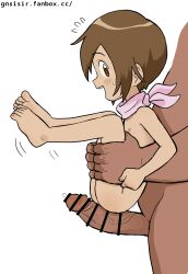  1boy 1girl absurdres age_difference bar_censor barefoot blush_stickers brown_eyes brown_hair censored completely_nude digimon digimon_adventure feet feet_together full_body gnsisir happy highres loli nude open_mouth penis profile short_hair simple_background size_difference soles toes white_background yagami_hikari  rating:Explicit score:322 user:danbooru
