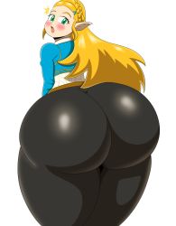 1girl absurdres ass blonde_hair blue_shirt blush braid from_behind green_eyes highres huge_ass long_hair looking_back mechacross nintendo open_mouth pants princess_zelda shiny_clothes shirt solo the_legend_of_zelda the_legend_of_zelda:_breath_of_the_wild thick_thighs thighs tight_clothes tight_pants white_background wide_hips rating:Questionable score:26 user:armorcrystal