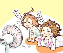  2girls age_difference ahoge bare_arms bare_shoulders breasts brown_hair child cleavage closed_eyes commentary_request dress electric_fan hair_between_eyes hot i.u.y large_breasts last_order_(toaru_majutsu_no_index) long_sleeves lying medium_hair messy_hair misaka_worst multiple_girls on_stomach open_mouth siblings sisters sitting sleeveless sleeveless_dress sweat toaru_majutsu_no_index toaru_majutsu_no_index:_new_testament translation_request vietnamese_dress wariza white_dress  rating:Sensitive score:3 user:danbooru