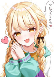  1girl absurdres blonde_hair blush braid commentary fang fujita_kotone gakuen_idolmaster hair_ribbon heart highres idolmaster jacket long_hair looking_at_viewer multicolored_clothes multicolored_jacket naarsann own_hands_together ribbon shirt smile solo sparkle speech_bubble translated twin_braids twitter_username upper_body yellow_eyes yellow_shirt 