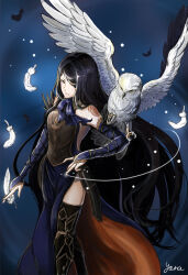  1girl animal armor armored_boots armored_dress artist_name bird black_hair blue_background blue_dress blue_eyes blue_gloves boots breastplate bridal_gauntlets castlevania:_order_of_ecclesia castlevania_(series) dress feathers gloves highres light_smile long_hair owl shanoa shoulder_tattoo signature tattoo very_long_hair yora 