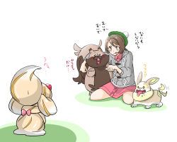 1girl alcremie alcremie_(caramel_swirl) alcremie_(strawberry_sweet) bad_id bad_pixiv_id brown_eyes brown_hair can_(pixiv33249519) commentary_request creature creatures_(company) dog eye_contact food fruit game_freak gen_8_pokemon gloria_(pokemon) greedent green_headwear highres looking_at_another nintendo pokemon pokemon_(creature) pokemon_swsh short_hair simple_background sitting standing strawberry sweat tail tail_wagging tongue tongue_out white_background yamper