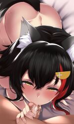  1boy 1girl animal_ears ass black_hair blush censored circussion cum cum_on_penis fellatio hair_between_eyes hair_ornament half-closed_eyes hetero highres hololive long_hair looking_at_viewer mosaic_censoring multicolored_hair nude on_bed ookami_mio oral penis pointless_censoring red_hair solo_focus streaked_hair sweat tail tongue virtual_youtuber wolf_ears wolf_girl wolf_tail yellow_eyes 