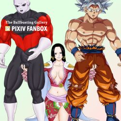  1girl 2boys absurdres ballbustinggallery boa_hancock breasts bulge cleavage crossover dragon_ball highres jiren large_breasts multiple_boys one_piece self-upload son_goku testicle_grab  rating:Questionable score:10 user:ballbustinggallery