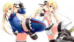 2girls alternate_color alternate_costume ass backless_outfit bare_back bare_shoulders blonde_hair blue_eyes blue_one-piece_swimsuit boots bow bowtie breasts covered_navel dead_or_alive dead_or_alive_5 dual_persona elbow_gloves fighting_stance foreshortening gloves hair_ornament hair_ribbon hairclip highres kicking leg_lift leotard long_hair looking_at_viewer marie_rose multiple_girls one-piece_swimsuit player_2 ribbon shouyan sideboob small_breasts smile standing standing_on_one_leg swimsuit thighhighs twintails very_long_hair rating:Sensitive score:19 user:dmysta3000