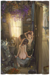 3girls alphonse_(white_datura) ass bare_shoulders bathing bathtub black_hair blush breasts candle chromatic_aberration drawing_(object) female_focus flat_chest highres indoors lantern loli multiple_girls nude realistic shower_curtain sitting small_breasts rating:Explicit score:270 user:Panty_worm