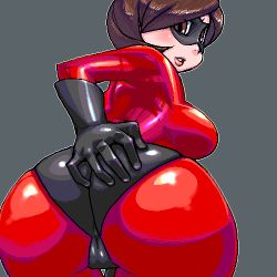  1girl ass ass_focus ass_grab bodysuit breasts brown_eyes brown_hair cameltoe domino_mask elastigirl gloves grabbing_own_ass grey_background helen_parr huge_ass large_breasts latex latex_gloves leaning_forward looking_at_viewer looking_back lowres mask matagitii mature_female no_bra oekaki short_hair simple_background skin_tight solo the_incredibles thong wide_hips  rating:Questionable score:111 user:danbooru