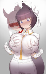  2girls absurdres azazel_(helltaker) between_breasts black_hair blue_eyes blunt_bangs blush grabbing_another&#039;s_breast breast_hold breasts clenched_teeth collared_shirt cowboy_shot deep_skin dual_persona folded_ponytail full-face_blush gloves grabbing grabbing_from_behind halo helltaker highres horns huge_breasts l.wolf loremaster_(helltaker) multiple_girls narrowed_eyes necktie necktie_between_breasts shirt sidelocks simple_background smile sunglasses surprised teeth tight_clothes tight_shirt time_paradox white_hair white_shirt yellow_necktie  rating:Sensitive score:70 user:danbooru