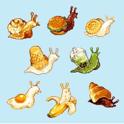  animal_focus banana blue_background bubble_tea burger commentary croissant egg english_commentary food food_focus food_request fruit ice_cream lowres moaw no_humans original pixel_art pixels simple_background snail 