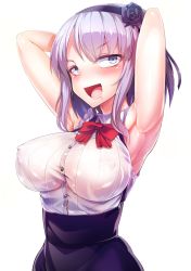 10s 1girl armpits arms_behind_back arms_up blue_eyes blush bow bowtie breasts dagashi_kashi covered_erect_nipples female_focus flower hair_flower hair_ornament hairband high-waist_skirt highres large_breasts open_mouth purple_hair red_bow saliva saliva_trail shidare_hotaru shirt short_hair silly_(marinkomoe) simple_background skirt sleeveless sleeveless_shirt solo white_background rating:Questionable score:71 user:danbooru