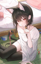  1girl absurdres animal_ears bed bell black_collar black_hair black_thighhighs blanket blush book can canned_food cat_ears cat_girl cat_tail cat_teaser cheese clenched_hand closed_mouth collar collarbone e_name eyelashes fang fingernails fish floor food hair_between_eyes highres indoors long_hair looking_at_viewer loose_clothes loose_shirt monster_girl nail_polish neck_bell on_floor original oversized_clothes pillow pink_ribbon red_eyes red_nails ribbon shirt sidelocks single_bare_shoulder sitting solo solo_focus tail tail_ornament tail_ribbon thighhighs toy white_shirt wooden_floor yarn yarn_ball 