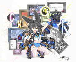  ! 1girl :o absurdres animal_ear_fluff animal_ears arm_up black_hair blue_sailor_collar blue_skirt breasts brown_eyes brown_footwear char colored_eyelashes commentary_request dated fang fingernails garter_straps glowing hair_between_eyes highres holding holding_stylus long_hair midriff navel necro-san open_mouth original panties pleated_skirt revision sailor_collar shirt shoes short_sleeves signature skirt small_breasts solo spoken_exclamation_mark squatting stylus thighhighs translation_request underwear very_long_hair white_panties white_shirt white_thighhighs 