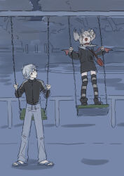 1boy 1girl :3 bag black_footwear black_jacket black_skirt black_thighhighs boots chain closed_eyes closed_mouth commentary_request demon_wings full_body grey_background grey_hair grey_pants head_tilt holding holding_chain jacket koze_niire kuzuha_(1st_costume)_(nijisanji) kuzuha_(nijisanji) long_pointy_ears long_sleeves looking_at_another looking_to_the_side makaino_ririmu makaino_ririmu_(2nd_costume) monochrome_background night nijisanji open_mouth outdoors pants park pointy_ears sandals short_hair shoulder_bag skirt smile standing standing_on_swing striped_clothes striped_thighhighs sweatpants swing_set swinging thighhighs track_jacket twintails virtual_youtuber wings 