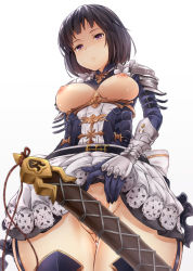 1girl armor belt black_hair blurry bob_cut breasts breasts_out censored closed_mouth clothes_lift convenient_censoring cowboy_shot depth_of_field dress dress_lift empty_eyes erika_(shadowverse) frills from_below frown gauntlets gloves gluteal_fold highres lace_trim looking_down nipples no_panties pauldrons purple_eyes pussy shaded_face shadowverse short_hair shoulder_armor simple_background solo sword ten_piboshi thigh_gap thighhighs underbust weapon white_background rating:Explicit score:59 user:danbooru