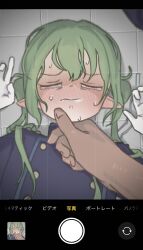  1boy 1girl after_fellatio age_difference arms_up blue_archive blue_shirt blush camera closed_eyes closed_mouth crying cum cum_in_mouth dot_nose eyebrows full-face_blush gloves gokkun green_hair hand_on_another&#039;s_chin hetero interracial knntwdesu loli long_hair long_sleeves lying nervous nervous_sweating nozomi_(blue_archive) on_back picture_frame pointy_ears pov pov_hands scared shirt solo_focus sweat tears twintails upper_body white_gloves 
