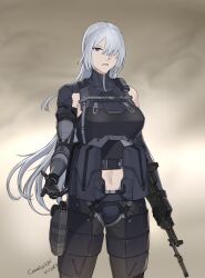  1girl ak-15 ak-15_(girls&#039;_frontline) armor assault_rifle commentary commission cowboy english_commentary girls&#039;_frontline grey_hair gun hair_over_one_eye handgun highres holding holding_gun holding_weapon holster holstered kalashnikov_rifle long_hair looking_at_viewer midriff navel parted_lips pouch purple_eyes rifle seilindekos simple_background solo straight-on tactical_clothes thigh_holster weapon western 