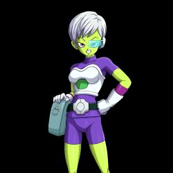  1girl breasts cheelai colored_skin dragon_ball dragon_ball_super dragon_ball_super_broly green_skin hand_on_own_hip looking_at_viewer medium_breasts official_art pink_eyes scouter smile white_hair  rating:General score:2 user:User15899