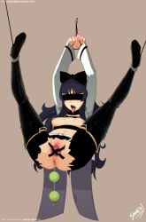  1girl anal anal_beads anal_object_insertion bdsm belt black_hair blake_belladonna blindfold bondage bound breasts breasts_apart dildo drooling hair_ornament hair_ribbon highres medium_breasts multiple_insertions nipples object_insertion open_mouth pussy ribbon rwby saliva sex_toy simple_background sinner!_(sillygirl) solo spread_legs suspension tape thighhighs tongue tongue_out torn_clothes torn_thighhighs uncensored vaginal vaginal_object_insertion  rating:Explicit score:220 user:cyberware