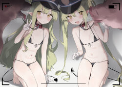  2girls :&lt; alternate_costume animal_collar arm_support battery_indicator bestiality bikini black_bikini black_tail blue_archive blue_hat blush breasts closed_mouth collar commentary_request demon_tail fang full_body furrowed_brow gloves green_hair groin hair_between_eyes hat highres hikari_(blue_archive) imminent_bestiality kneeling leash loli long_hair looking_at_animal looking_at_viewer lowleg lowleg_bikini multiple_girls navel nozomi_(blue_archive) open_mouth orange_eyes peaked_cap pig pointy_ears recording red_collar saliva sh_(shinh) side-tie_bikini_bottom sidelocks small_breasts steaming_body stomach sweat swimsuit tail tongue tongue_out twintails v v-shaped_eyebrows very_long_hair viewfinder wavy_hair white_gloves 