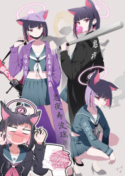  1boy 2girls absurdres anger_vein animal_ears baseball_bat black_hair black_jacket black_mask black_sailor_collar black_serafuku black_skirt blonde_hair blue_archive blush cat_ears chewing_gum closed_mouth clothes_writing colored_inner_hair doodle_sensei_(blue_archive) ear_piercing extra_ears fuente green_sailor_collar grey_background halo highres holding holding_baseball_bat hood hood_down hooded_jacket jacket kazusa_(blue_archive) long_sleeves mask mouth_mask multicolored_hair multiple_girls multiple_views neckerchief open_clothes open_mouth piercing pink_hair pink_halo pink_neckerchief pleated_skirt red_eyes sailor_collar school_uniform sensei_(blue_archive) serafuku short_hair signature simple_background skirt surgical_mask white_neckerchief 