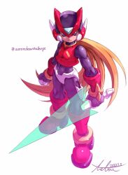  armor black_eyes blonde_hair boots clenched_hand crop_top dated derivative_work forehead_jewel highres holding holding_sword holding_weapon kamiyama_teten long_hair mega_man_(series) mega_man_zero_(series) red_armor red_footwear red_helmet redrawn signature simple_background sword weapon white_background z_saber zero(z)_(mega_man) zero_(mega_man) 