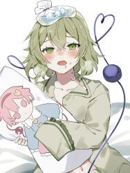  1girl bed_sheet blush collared_shirt commentary dakimakura_(object) drooling green_eyes green_hair green_shirt heart heart_of_string highres holding holding_pillow ice_pack komeiji_koishi komeiji_satori liquid-in-glass_thermometer looking_at_viewer pajamas pillow pink_hair shirt short_hair sick simple_background sleeves_past_fingers sleeves_past_wrists sorani_(kaeru0768) sweat thermometer third_eye touhou visible_air white_background 