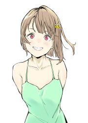  1girl absurdres arms_behind_back bare_shoulders blush bob_cut breasts brown_hair camisole collarbone commentary_request crescent crescent_hair_ornament green_camisole hair_ornament highres looking_at_viewer love_live! love_live!_nijigasaki_high_school_idol_club nakasu_kasumi red_eyes short_hair small_breasts smile solo tommer upper_body white_background 