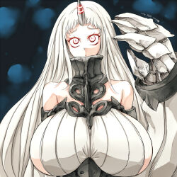  1girl bare_shoulders breasts claws dated expressionless hataraki_ari horns huge_breasts kantai_collection long_hair red_eyes ribbed_sweater seaport_princess sideboob single_horn solo sweater white_hair 
